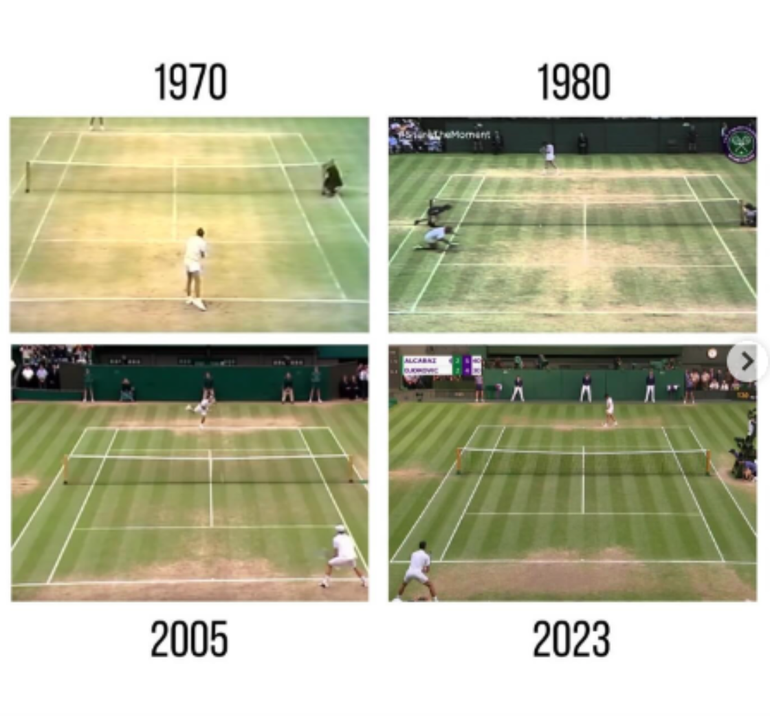 Four images of tennis matches showing the evolution of grass courts at Wimbledon from 1970 to 2023, highlighting changes in court wear and maintenance over the years.