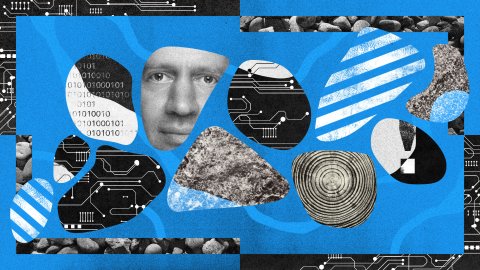 Abstract collage featuring a human face, binary code, circuit patterns, stones, and wood texture shapes against a blue and black background, capturing the essence of innovation and the wisdom of hindsight.