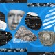 Abstract collage featuring a human face, binary code, circuit patterns, stones, and wood texture shapes against a blue and black background, capturing the essence of innovation and the wisdom of hindsight.