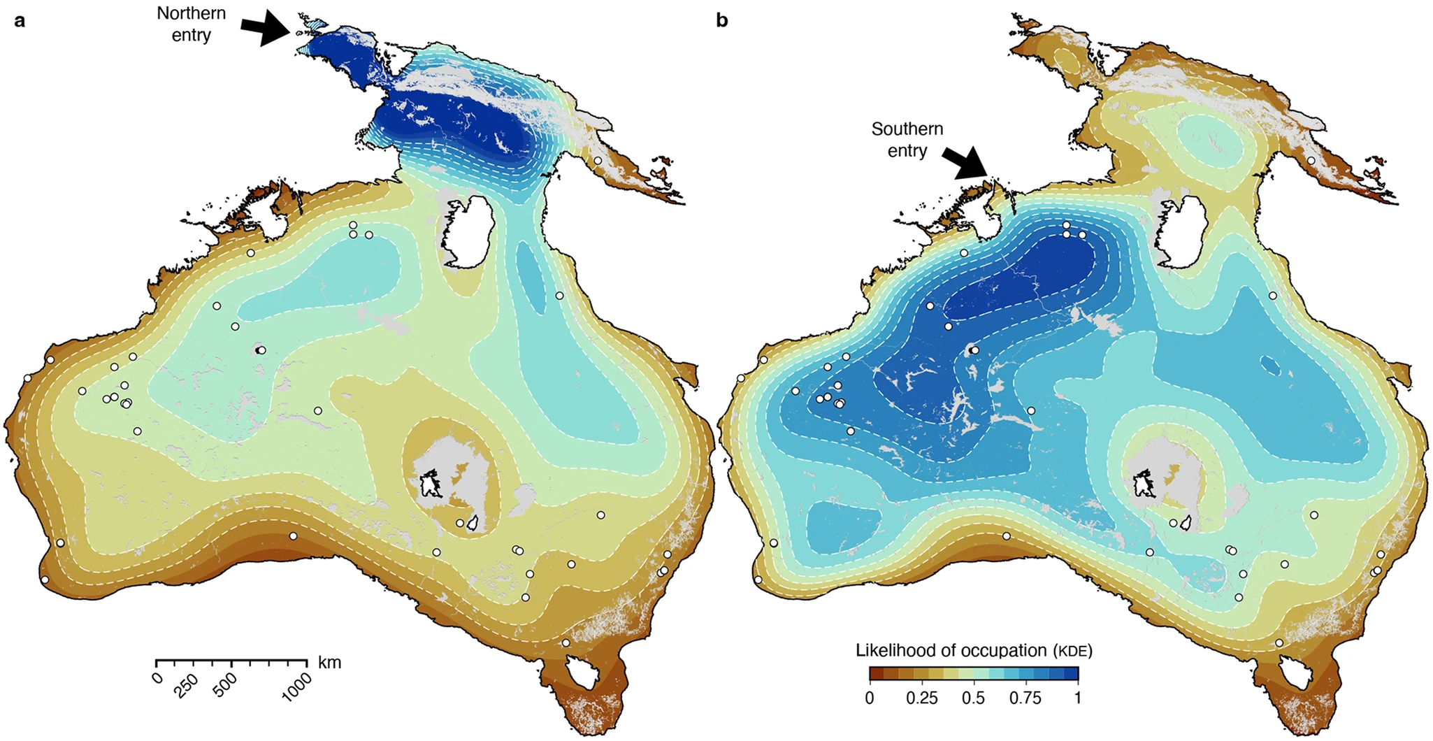 Two maps show the likelihood of occupation in a geographic region, with arrows pointing to northern and southern entries. Color gradients range from brown to blue, indicating varying occupation levels.