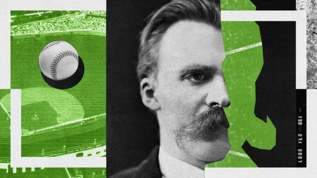 A black and white portrait of a man with a large mustache is overlaid on a green collage containing a baseball and a baseball field, subtly evoking the philosophy of hindsight.