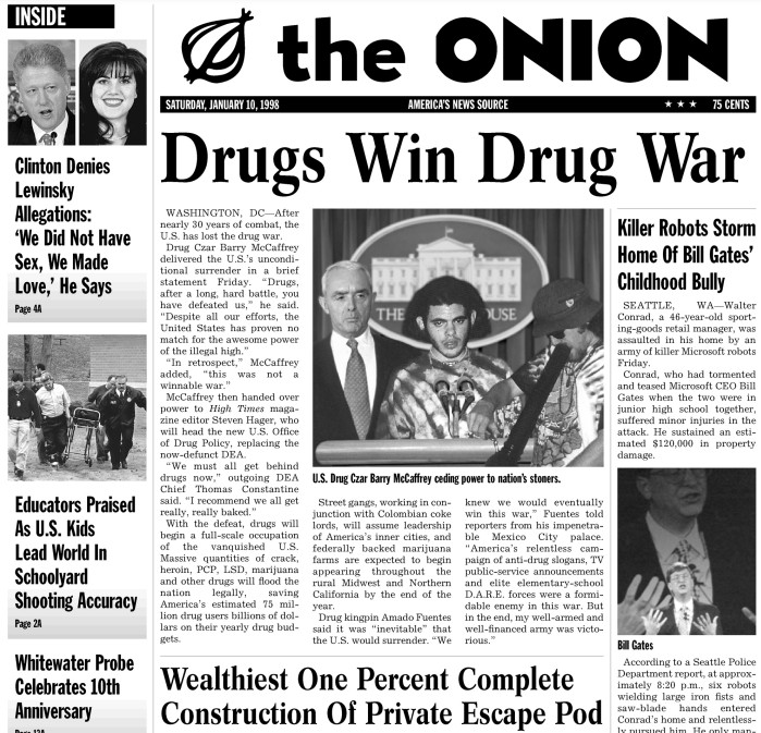 Front page of The Onion newspaper from January 10, 1998, featuring the headline "Drugs Win Drug War." The main image shows U.S. Drug Czar Barry McCaffrey holding a trophy. Surrounding text includes various satirical news articles.