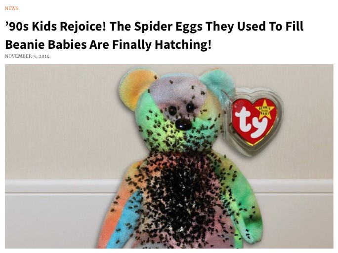 A multicolored beanie baby bear covered with small black spiders, with a tag showing "ty" logo. Satirical text above reads, "’90s Kids Rejoice! The Spider Eggs They Used To Fill Beanie Babies Are Finally Hatching!.