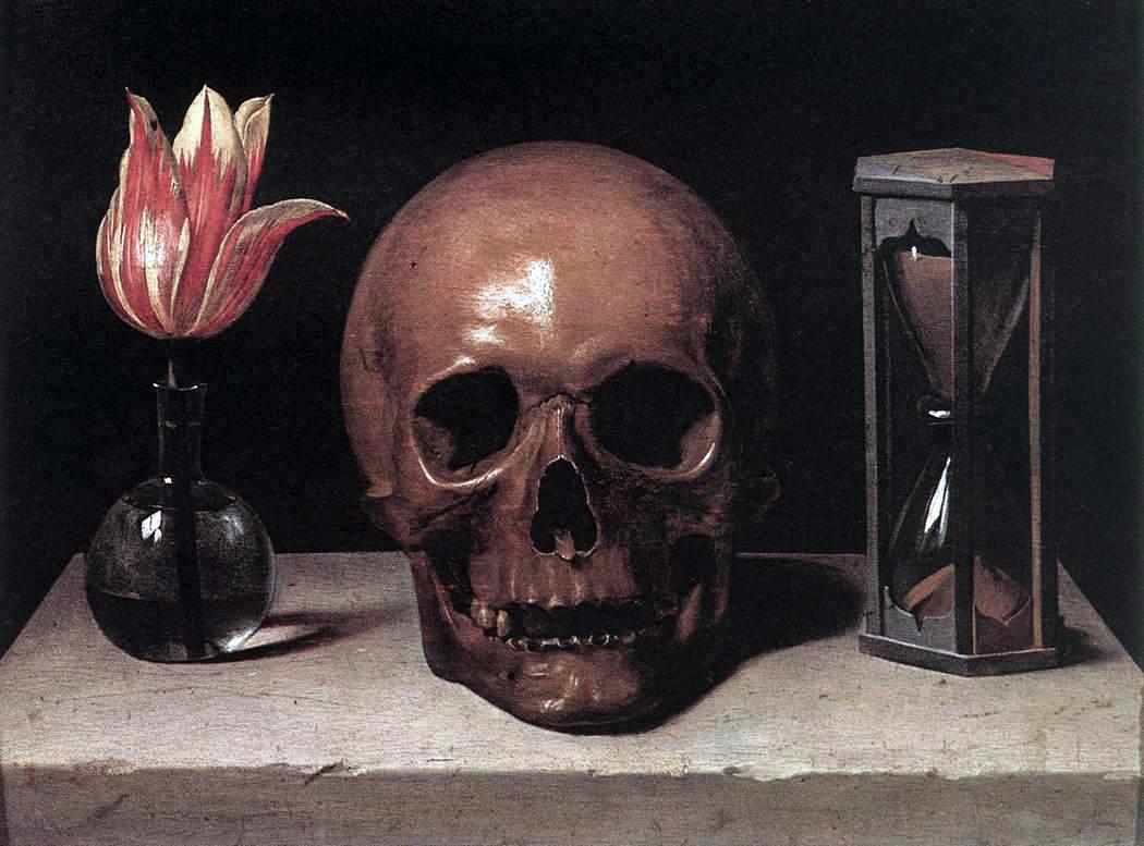 A still life painting featuring a skull, a red and white tulip in a glass vase, and an hourglass on a table.