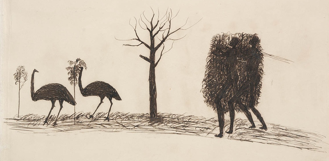 A drawing depicts two emus walking to the left, past a bare tree. To their right is a figure, possibly human, covered in foliage or a similar material, also walking to the left.