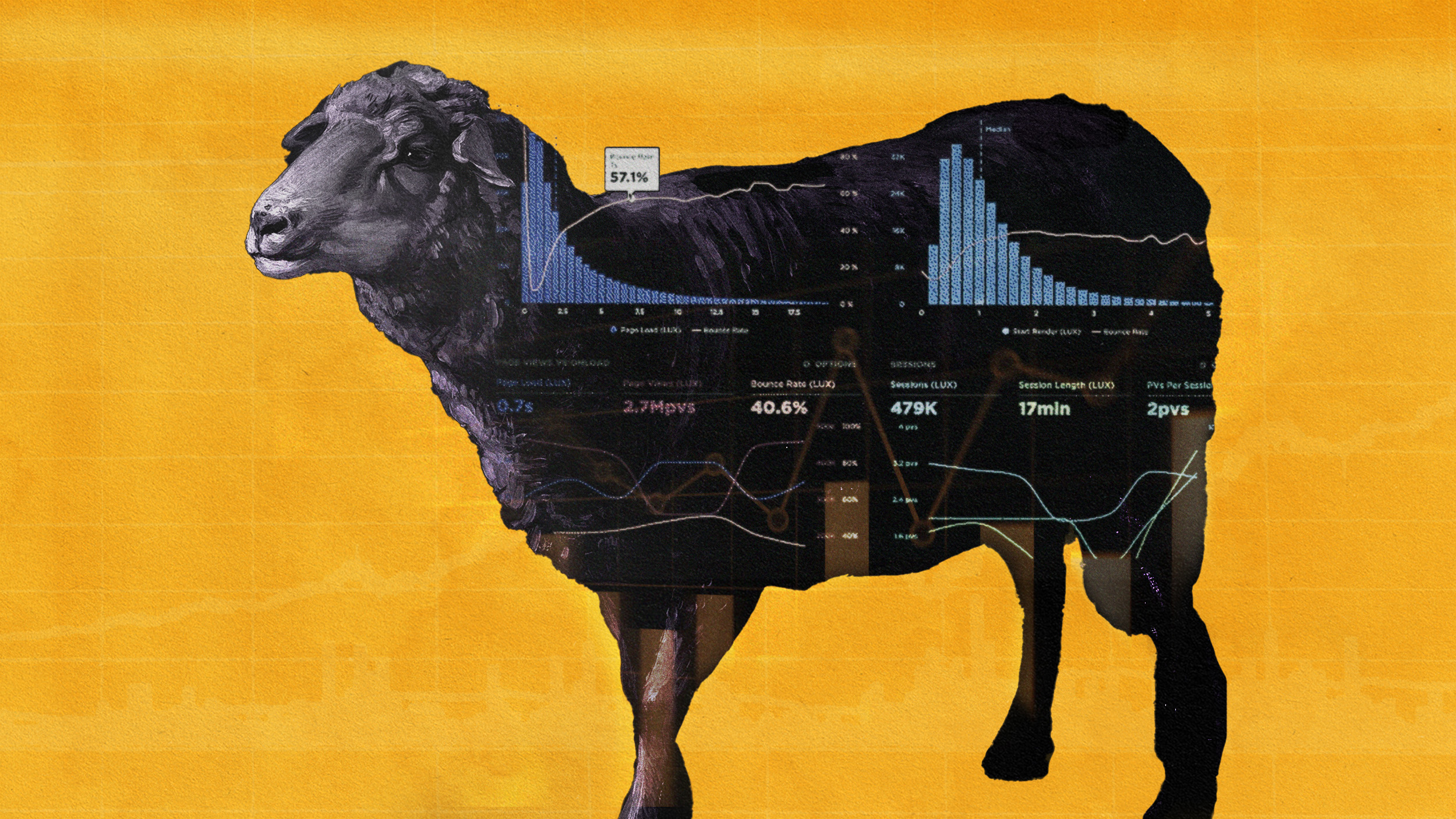 A black sheep paradox is depicted as a sheep overlaid with financial charts, including bar graphs and line graphs, on a yellow background. The data showcases various metrics and percentages.