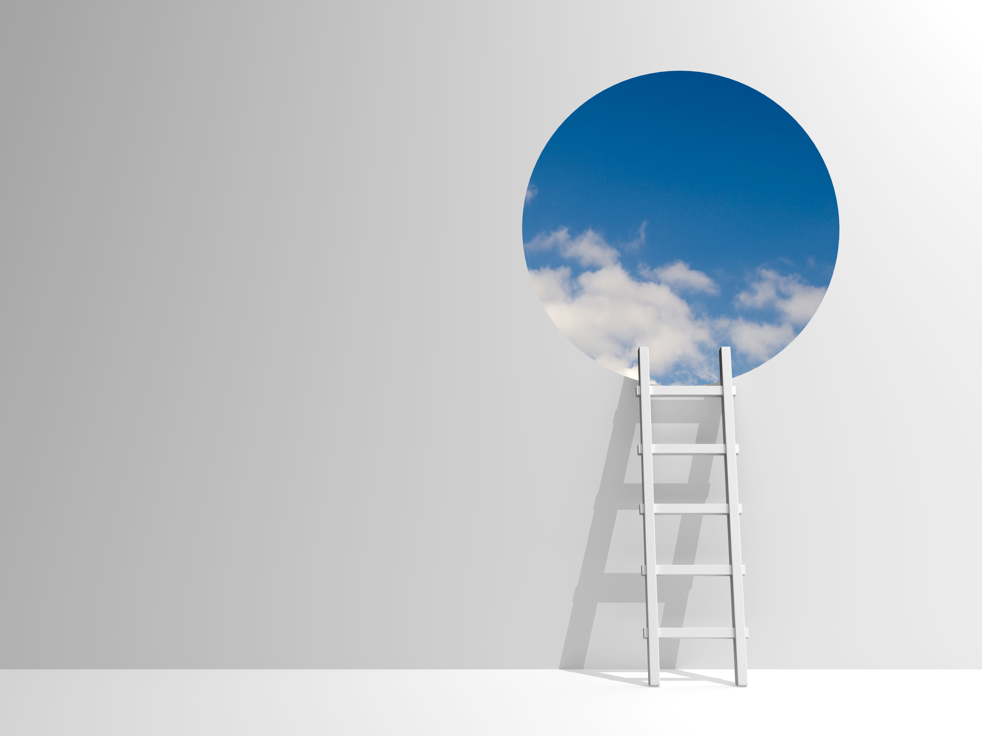 A white ladder leans against a white wall, leading up to a circular opening revealing a blue sky with scattered clouds.