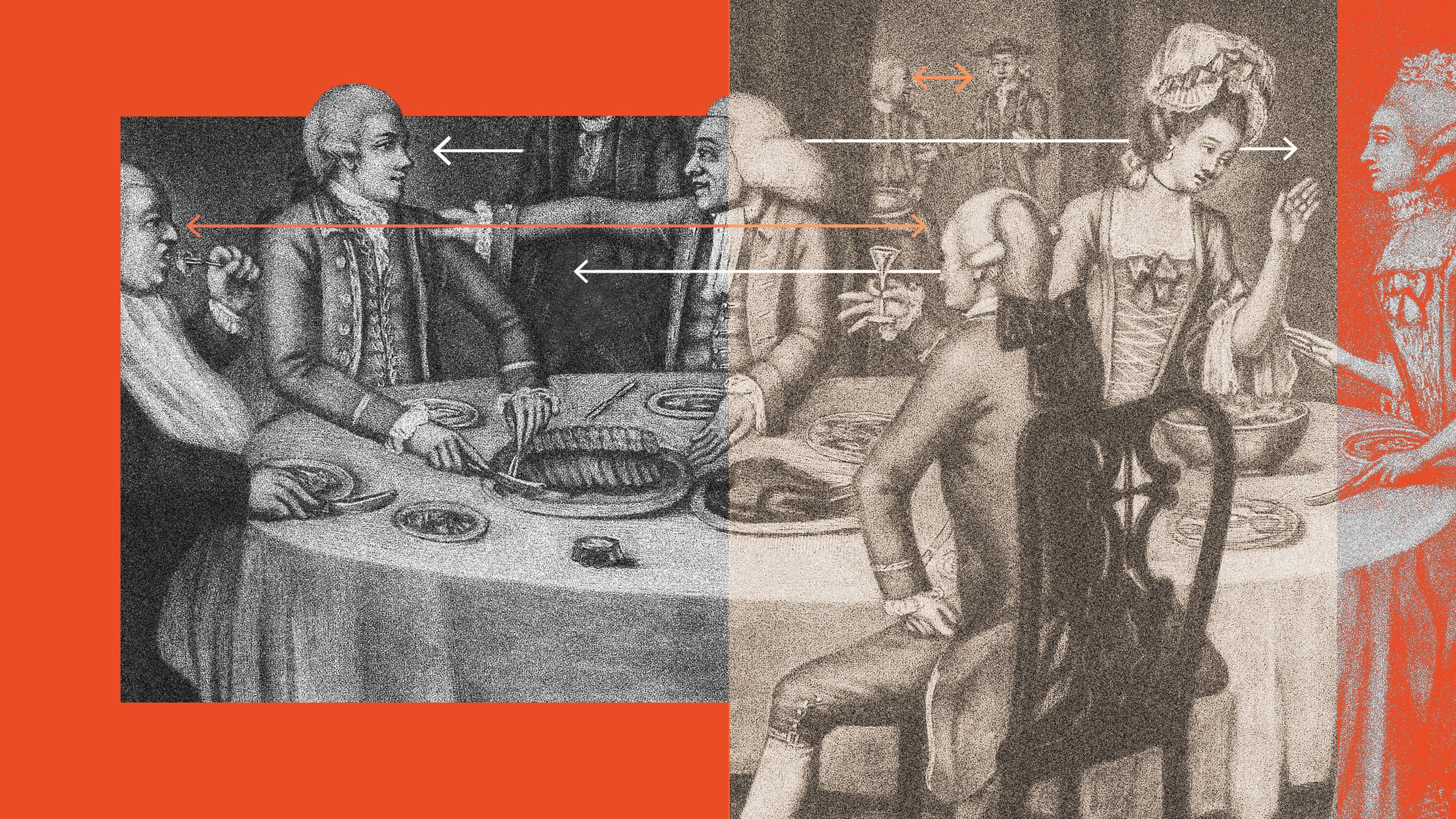 Black and white illustration of people in 18th-century attire at a dining table, overlaid with red-orange borders and white arrows indicating interaction among the individuals.