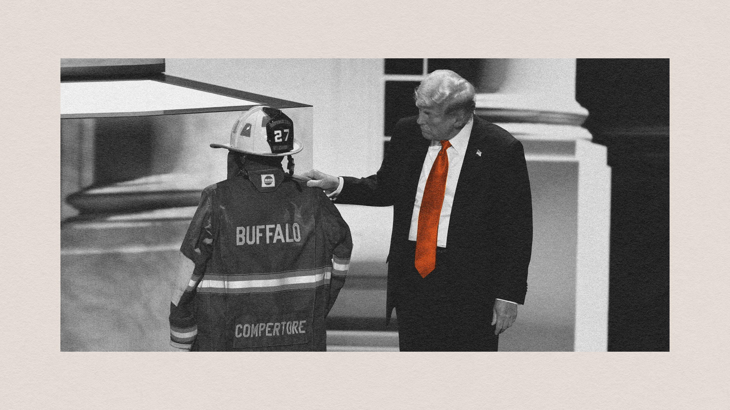 An individual in a suit and orange tie gestures toward a firefighter in full uniform and helmet labeled "BUFFALO" with the number "27", as if acknowledging everyday miracles.