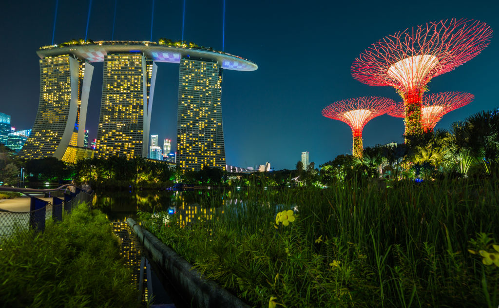 Marina Bay Sands hotel with its three towers and illuminated roof stands beside the lit-up Supertree Grove at Gardens by the Bay at night, with water and greenery in the foreground in Singapore.