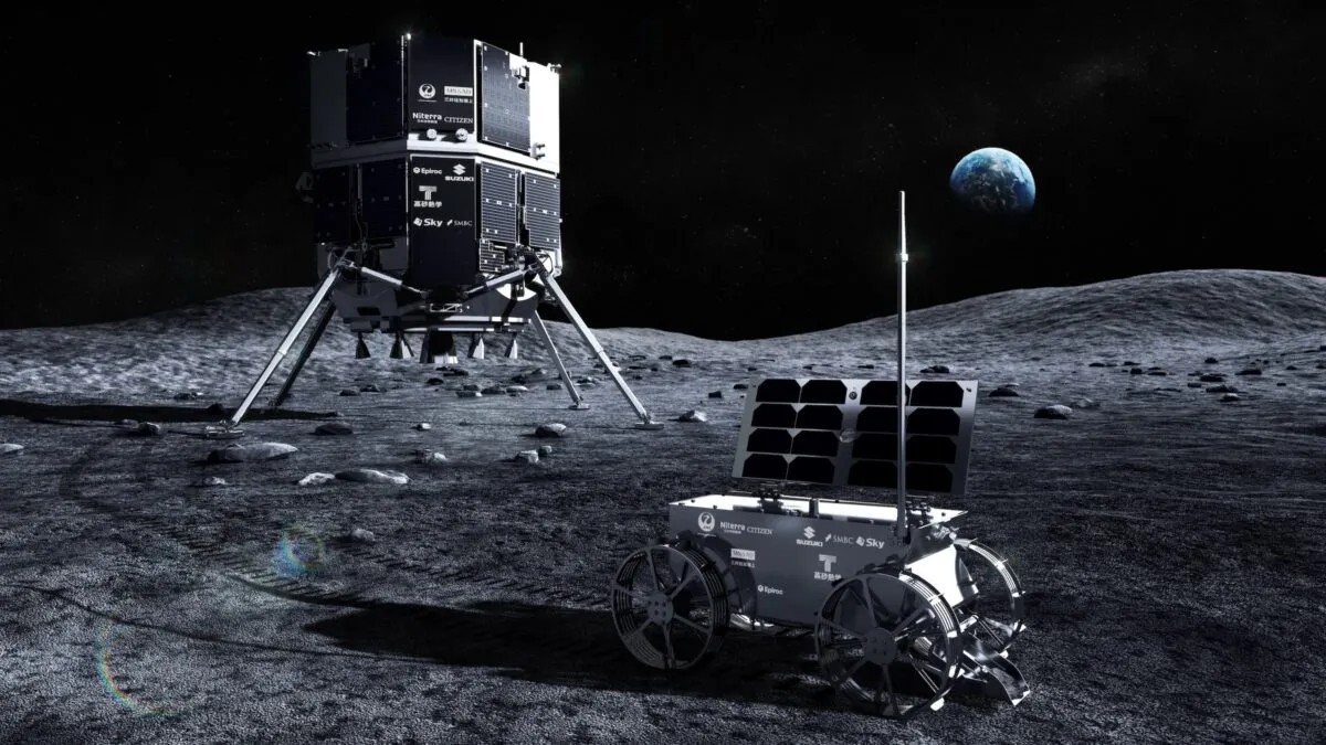 A lunar lander and rover are positioned on the Moon's surface, with Earth visible in the background against the blackness of space.