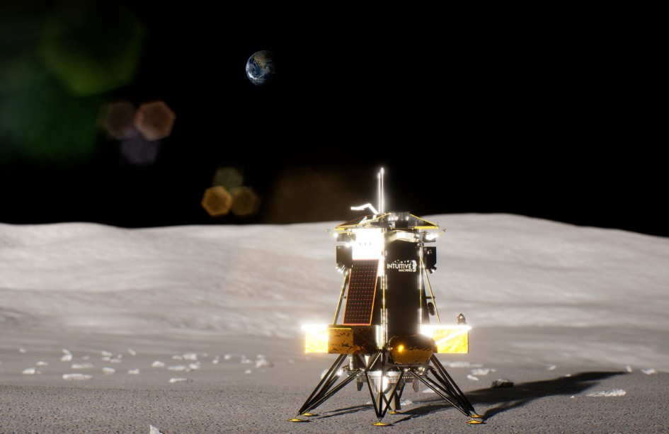 A lunar lander sits on the moon's surface under a dark sky, with Earth visible in the background.