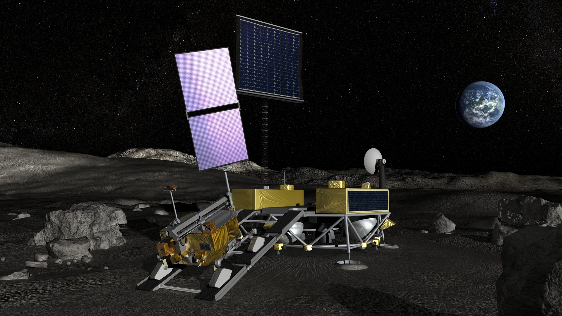 A robotic lunar rover with solar panels and communication equipment is stationed on the moon's surface, with Earth visible in the background.