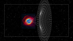 A colorful representation of a black hole distorting space-time, visualized with a grid overlay around the black hole on a starry background.