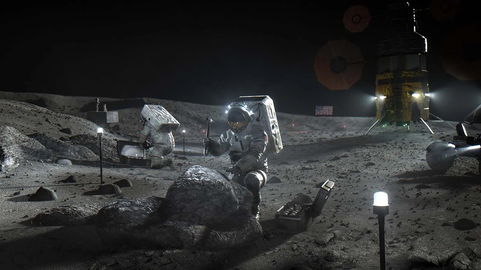 An astronaut in a spacesuit examines a rock on the moon's surface, with equipment and a lunar lander in the background.