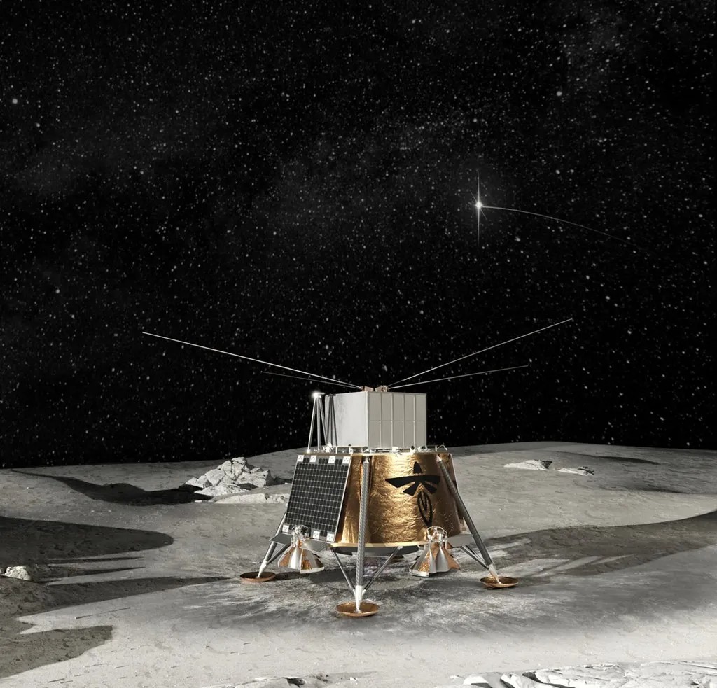 A lunar lander spacecraft is shown on the moon's surface under a starry sky.