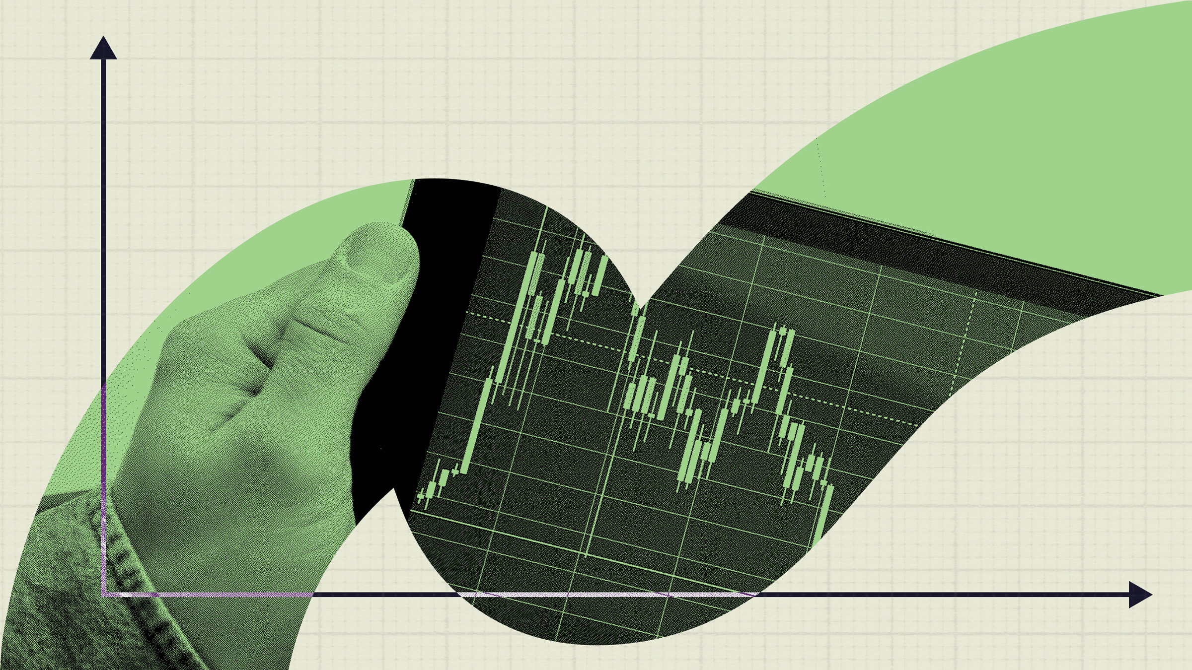 A hand holds a tablet displaying a fluctuating green stock market graph, capturing the attention of day traders with its dynamic curves and axis lines in the background.