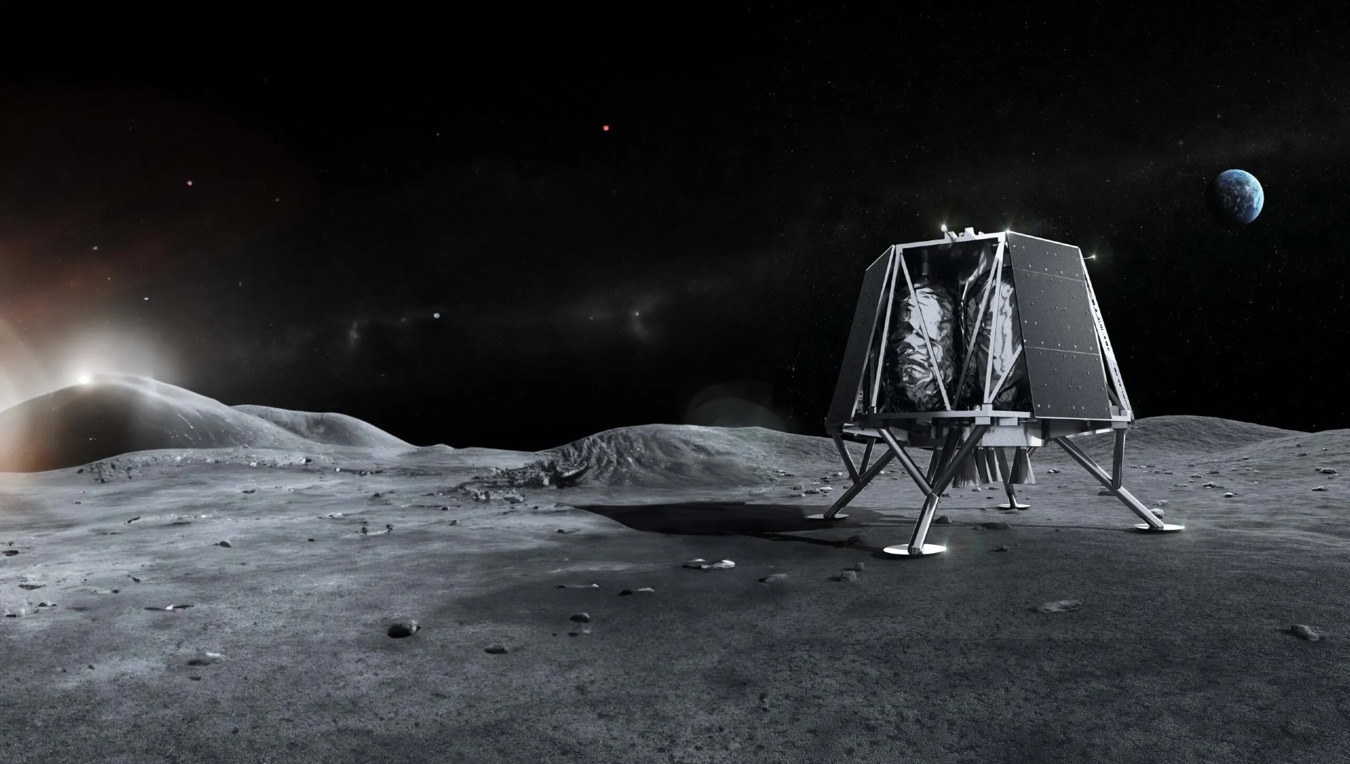 A robotic lunar lander sits on the moon's surface with Earth visible in the dark sky.