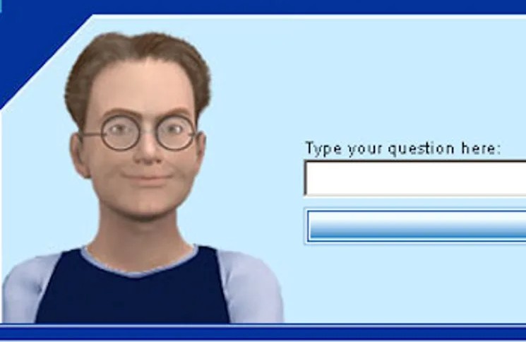 A computer-generated character with glasses and a neutral expression appears next to a text box labeled "Type your question here" in an interface.