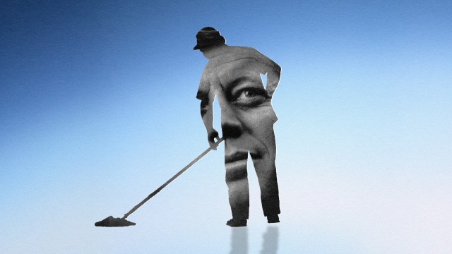 A silhouette of a person using a metal detector merges seamlessly with a large, centered image of JFK's face against a gradient blue background, symbolizing leadership and discovery.