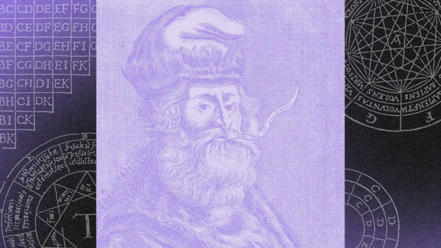 Portrait of an older man with a beard wearing a hat, depicted in purple tones, with scientific and alchemical symbols in the background, capturing the essence of a truth machine.