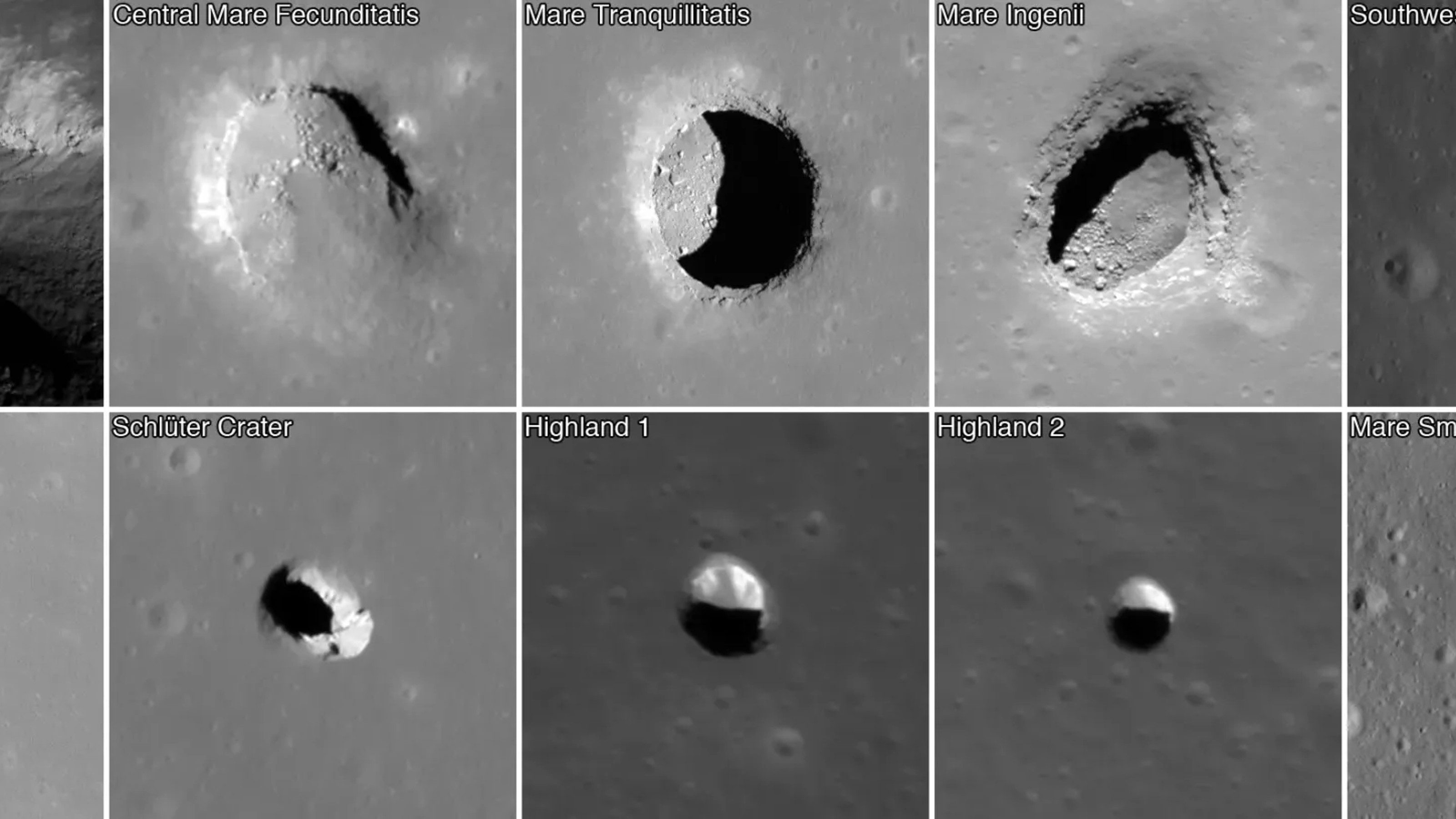 Six images of lunar craters including Centra Mare Fecunditatis, Mare Tranquillitatis, Mare Ingenii, Southweast, Schlieter Crater, Highland 1, Highland 2, and Mare Smth.