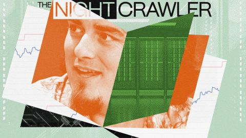 A collage-style graphic features a man with a goatee, the title "The Nightcrawler," stock charts, and abstract shapes in orange and green.