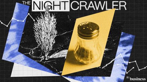 Collage of graphical elements includes a plant, a salt shaker, and abstract designs with the text "THE NIGHTCRAWLER" and a small "resilient investing" logo in the corner.