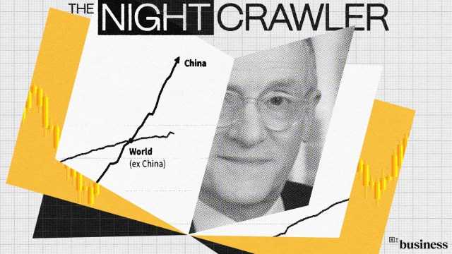 Cover of "The Nightcrawler" featuring a chart showing China's economic growth surpassing the rest of the world, with a pixelated face overlaid. Emphasizing second-level thinking, the "Et . business" logo is in the bottom right corner.