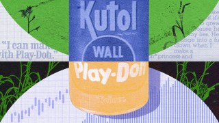 A close-up illustration of a Play-Doh container with the words "Kutol" and "Wall" on it, symbolizing its lasting success. The background features text fragments and abstract patterns.