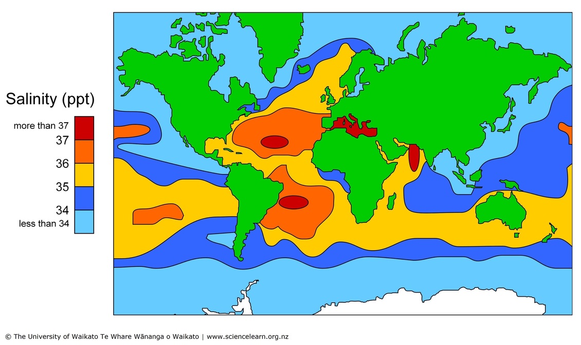 World map displaying sea surface salinity levels in parts per thousand (ppt). Color gradients range from less than 34 to more than 37 ppt, with higher salinity areas shown in red and lower in blue.