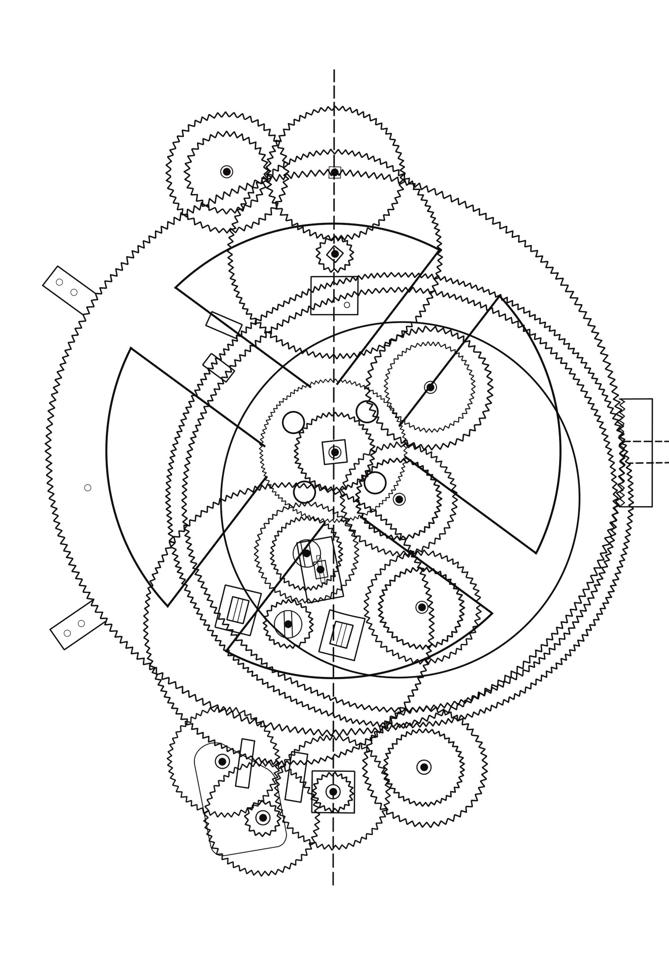 A complex arrangement of interconnected gear mechanisms in varying sizes, displayed in a technical, black and white line drawing.