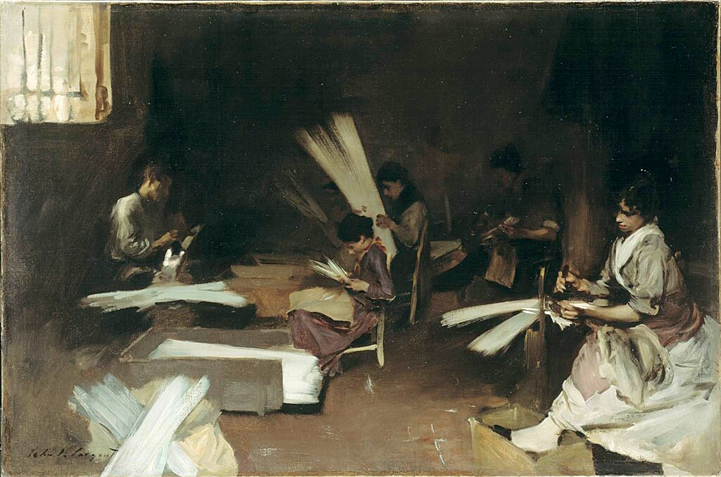 A painting depicting four people sitting and working in a dimly lit room, handling what appear to be fan-like objects. Light enters from a small window on the left.