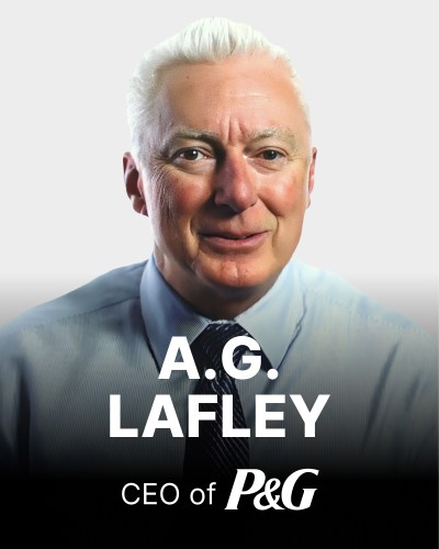 Portrait of A.G. Lafley with the text "A.G. Lafley, CEO of P&G" at the bottom. He is wearing a light blue shirt and a tie, with a neutral expression and a white background.