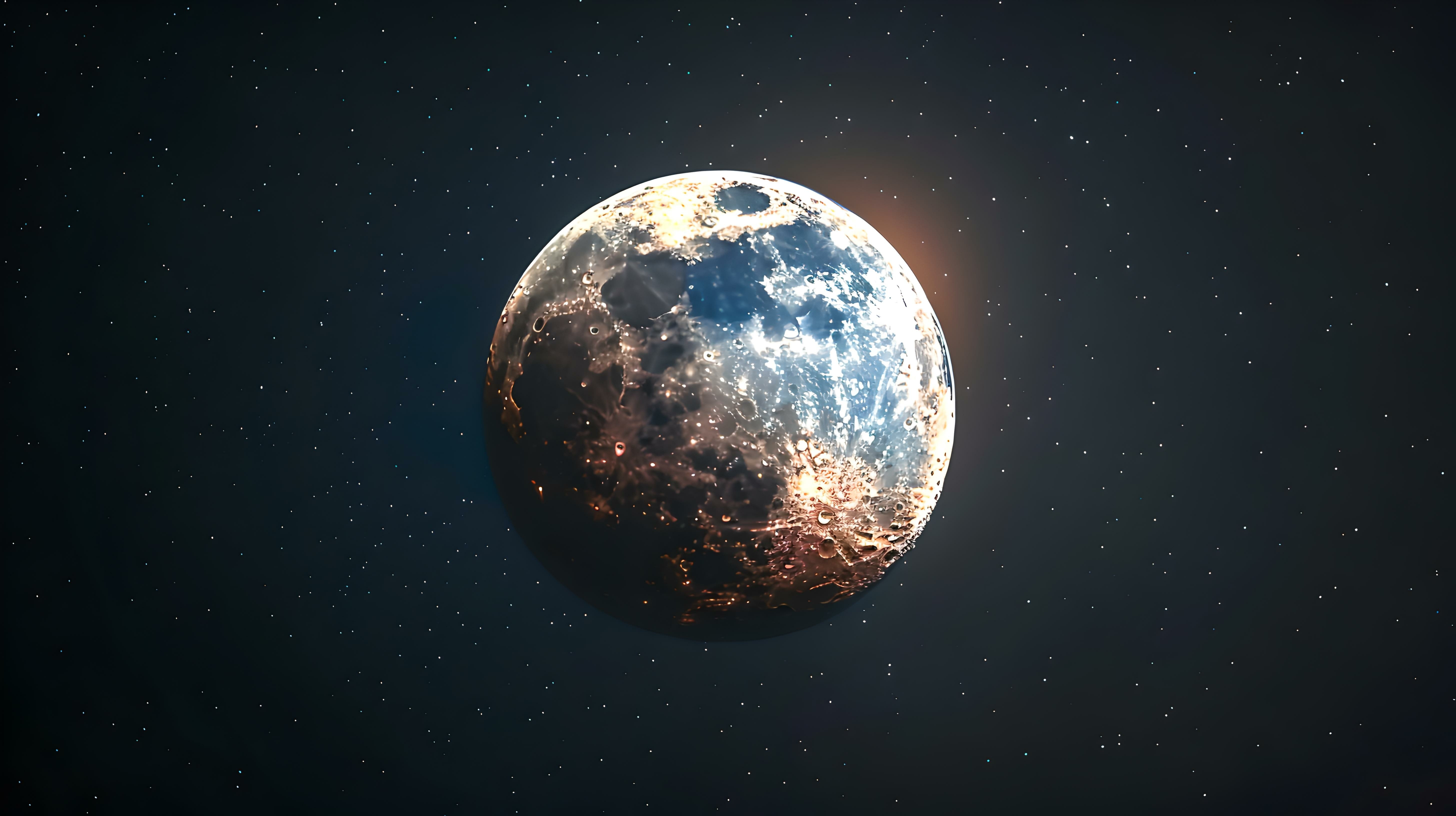 A detailed image of the moon with visible craters and surface textures, set against a dark sky filled with numerous stars.