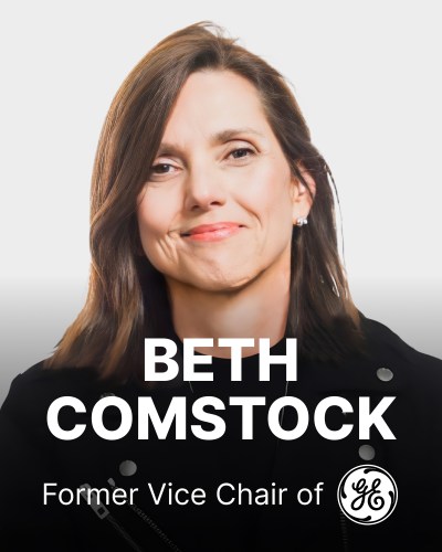 A woman with shoulder-length hair and a slight smile appears above the text "Beth Comstock, Former Vice Chair of GE.