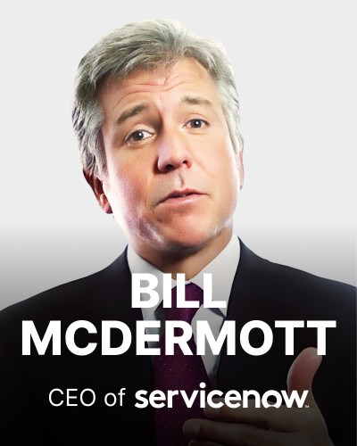 A man in a suit with text overlay that says "Bill McDermott, CEO of ServiceNow.