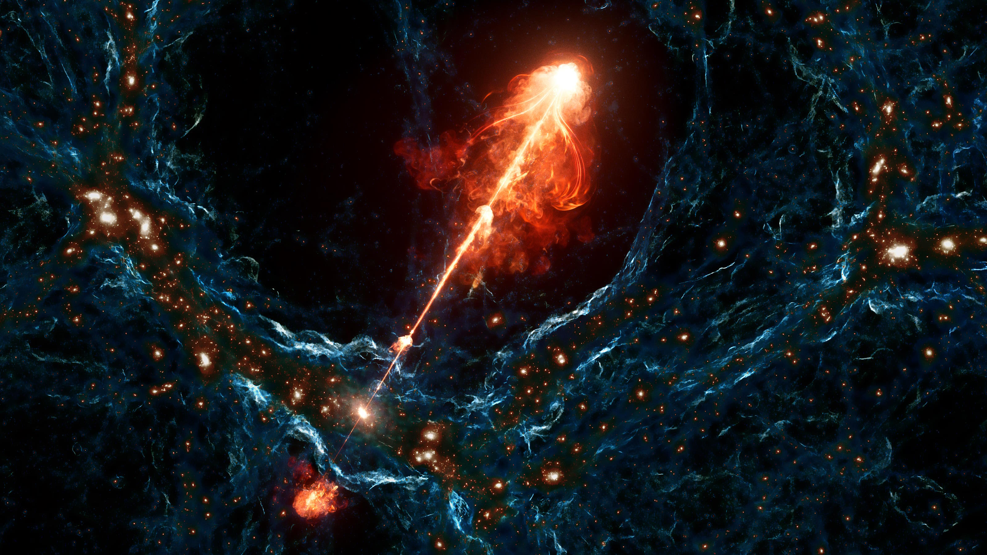 A vivid depiction of a cosmic event showing a jet of orange and red energy extending from a bright source in the vastness of space, surrounded by stars and interstellar matter.