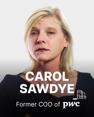 A woman with blonde hair wearing a black shirt is pictured above the text, "Carol Sawdye, Former COO of PwC," with a minimalistic building icon next to the company name.