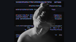 A grayscale marble statue of a woman's head and shoulders is depicted against a black background, overlaid with colorful glitch-like text fragments.