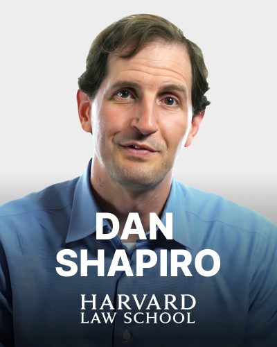 A person with short brown hair wearing a blue shirt is pictured with the text "Dan Shapiro, Harvard Law School" displayed below.