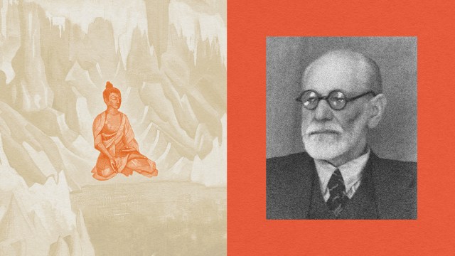 A serene painting of Buddha on the left and a black-and-white portrait of Freud separated by a vertical orange line symbolizing the desire for inner peace against external ambition.