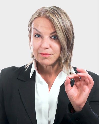 A woman in a black blazer and white shirt gestures with her hand, making an "OK" sign. She has shoulder-length, light brown hair and is looking directly at the camera.