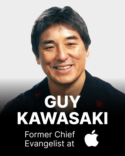 Portrait of a man with short black hair smiling, with text overlay: "Guy Kawasaki, Former Chief Evangelist at Apple.