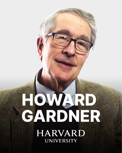 Portrait of Howard Gardner, with text "Howard Gardner" and "Harvard University" in the foreground.