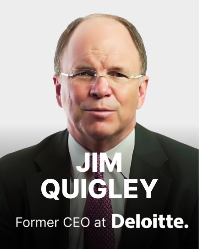 A man wearing glasses and a suit with text reading "Jim Quigley, Former CEO at Deloitte.