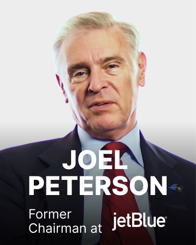 A man in a suit and tie with the text "JOEL PETERSON Former Chairman at jetBlue" overlaid on the image.