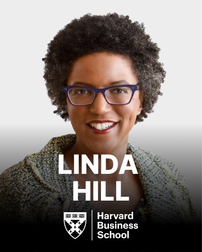 Portrait of a woman wearing glasses, with text overlay saying "Linda Hill" and the logo of Harvard Business School.