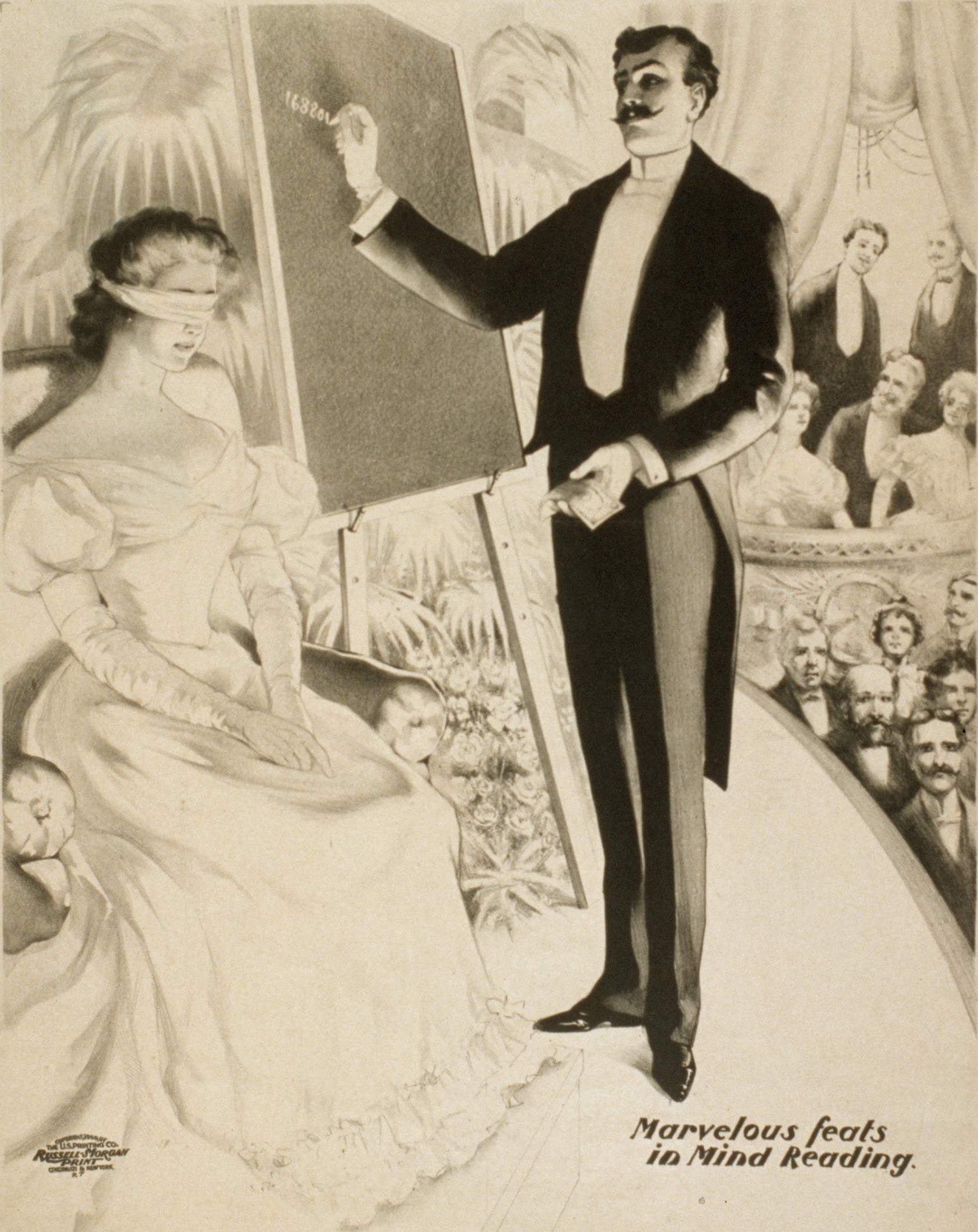 A man in formal attire performs a mind reading act on stage, writing on a chalkboard. A seated woman with closed eyes or blindfolded is present, with an audience watching in the background.