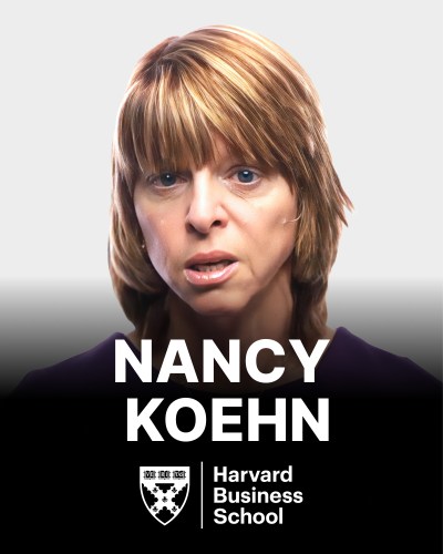 A portrait of a woman with shoulder-length hair, labeled "Nancy Koehn." Below her name is the Harvard Business School logo.